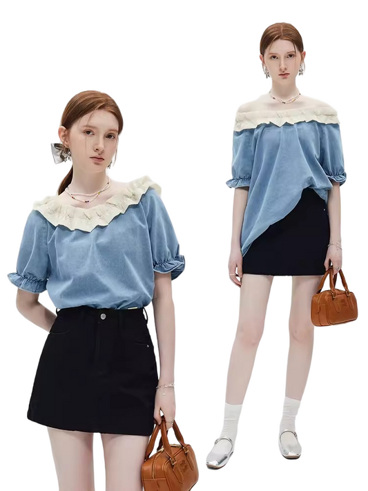 2 Way Denim  Lace Pleated Tops ２ウェイ　デニム　レース　プリーツ　トップス　オフショルダー