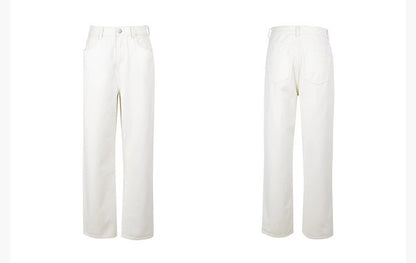 White Simple High Waist Loose Straight Denim Jeans ホワイト　白色　シンプルデザイン　ハイウエイ　ルーズ　ストレート　デニム　ジーンズ