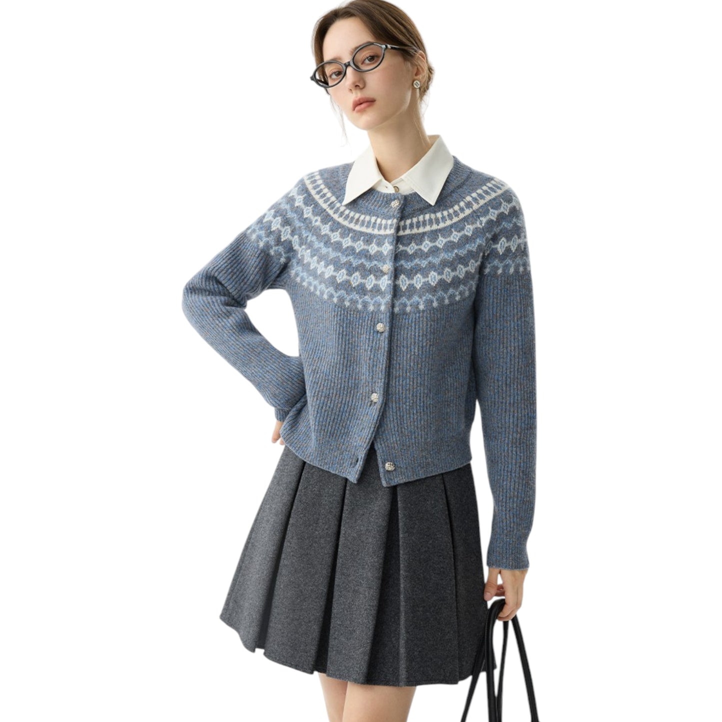 FANSILANEN Vintage Jacquard Round Neck Knitted Cardigan ヴィンテージ ジャカード ラウンドネック ニット カーディガン