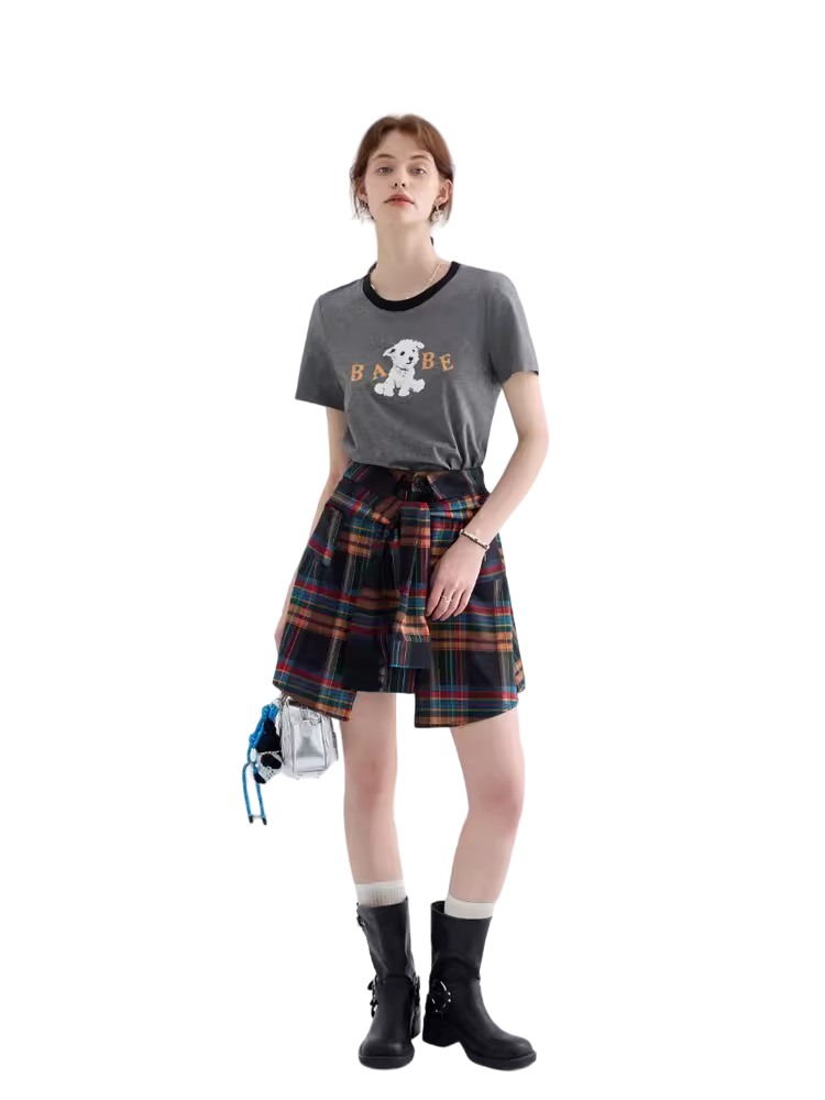 Layered Shirt Design Plaid Skirt Pant チェック柄　腰にシャツを巻いたように見える　スカートのように見えるキュロット　パンツ