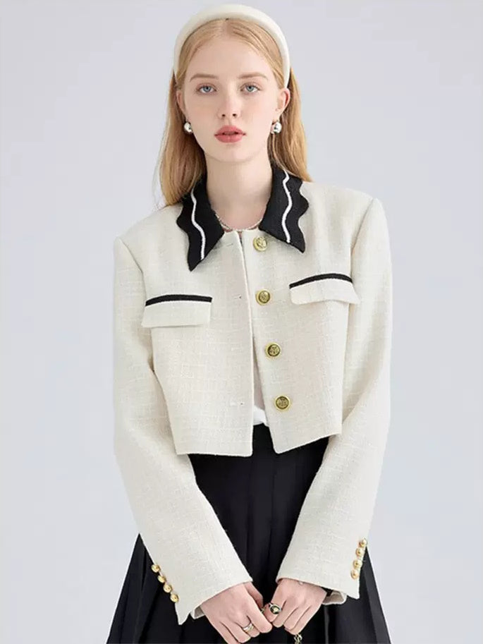 Women's Wool Lace Collar Contrast Color Short Tweed Jacket ウール レース襟 ショート丈 ツイードジャケット