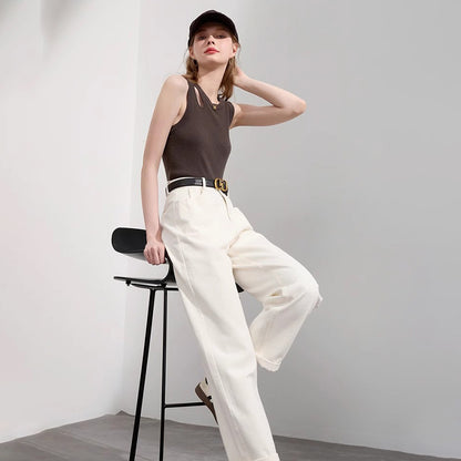 White Simple High Waist Loose Straight Denim Jeans ホワイト　白色　シンプルデザイン　ハイウエイ　ルーズ　ストレート　デニム　ジーンズ