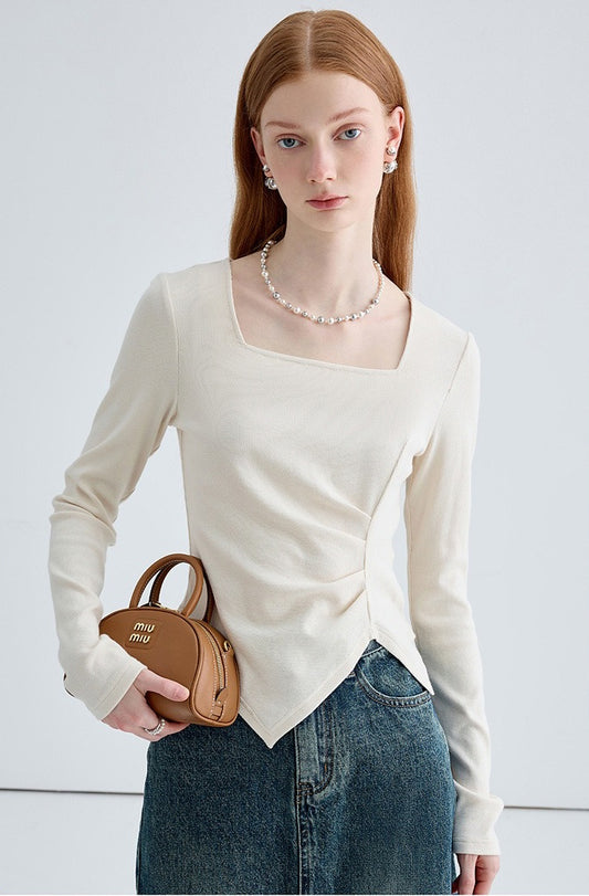 Women's Long Sleeve T-Shirts French Style Asymmetric Tops 女性用長袖 Tシャツ フレンチスタイル アシンメトリートップス