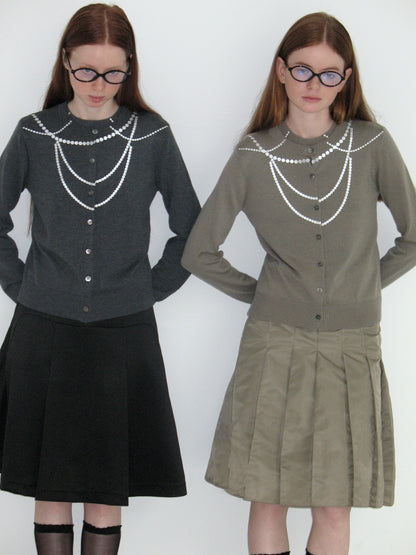 Merino wool trompe l'oeil pearl necklace knit vest cardigan twin knit 2-piece set メリノウール だまし絵 パールネックレス ニットベスト カーディガン ツインニット 2点セット