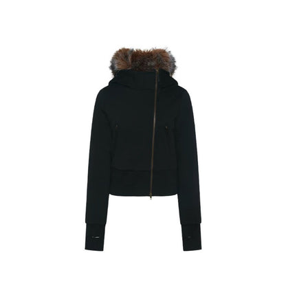 Women's Slim Zipper Hooded Fur Collar Plush Liner Short Sweatshirts Military Riders Jacket 女性のスリムジッパー フード付き ファー ライナーショートスウェット ミリタリー ライダース ジャケット