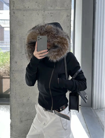 Women's Slim Zipper Hooded Fur Collar Plush Liner Short Sweatshirts Military Riders Jacket 女性のスリムジッパー フード付き ファー ライナーショートスウェット ミリタリー ライダース ジャケット