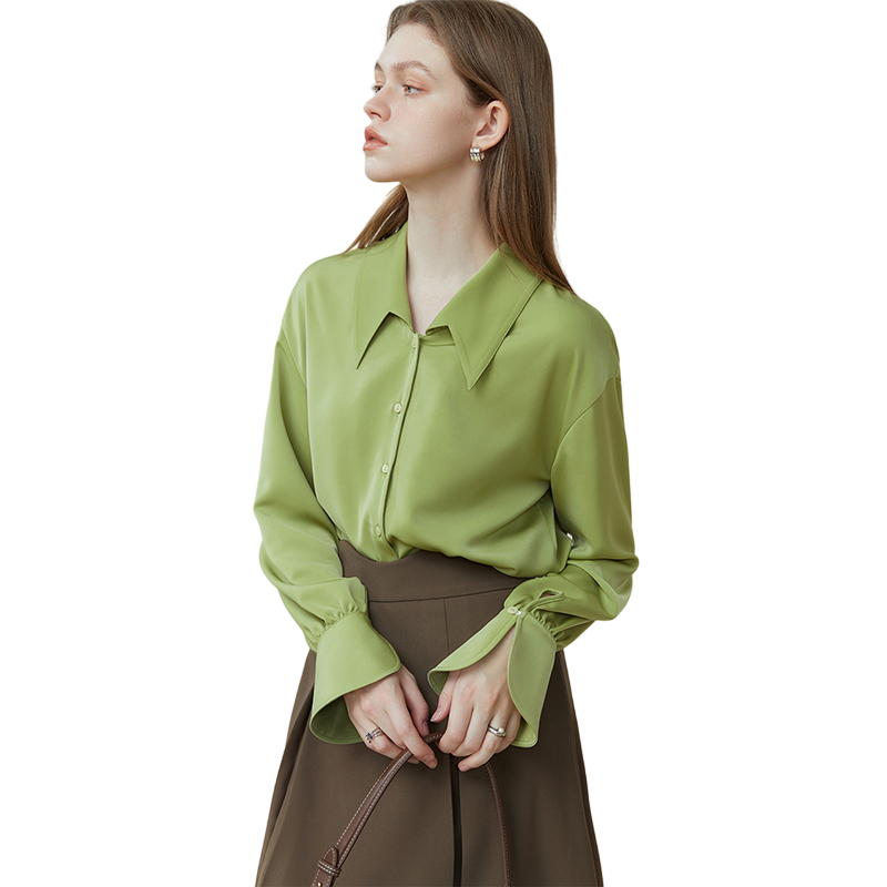 Pointed Collar Drape Long Sleeve Satin Shirt Blouse ポインテッド　襟　ドレープ袖　ロングスリーブ　 長袖　サテン　シャツ　ブラウス