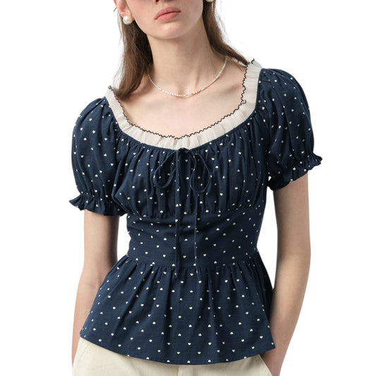 Polka dot square collar lace splicing short-sleeved shirt  水玉 スクエアカラー レース スプライシング 半袖シャツ