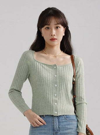 SQUARE NECK WOOL CARDIGAN