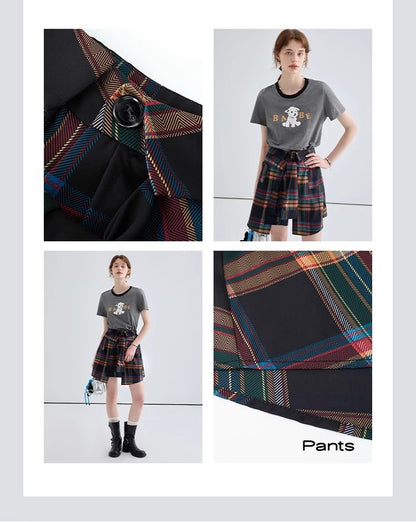 Layered Shirt Design Plaid Skirt Pant チェック柄　腰にシャツを巻いたように見える　スカートのように見えるキュロット　パンツ