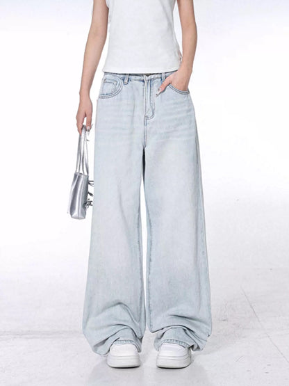 Back pocket ribbon point light blue wide leg denim jeans バック ポケット リボンポイント ライトブルーワイドレッグ デニムジーンズ