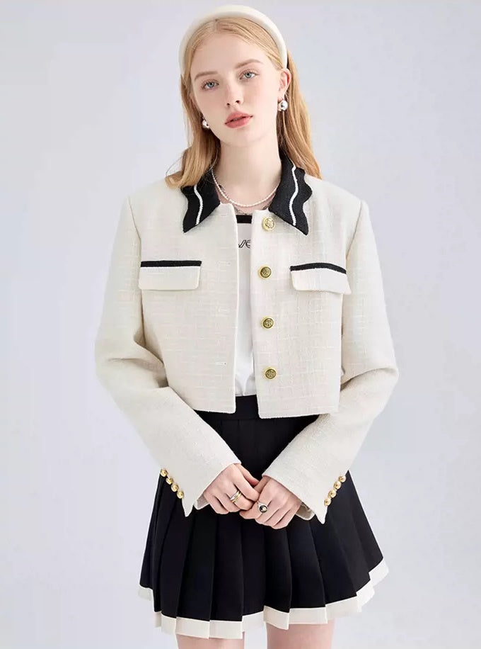 Women's Wool Lace Collar Contrast Color Short Tweed Jacket ウール レース襟 ショート丈 ツイードジャケット