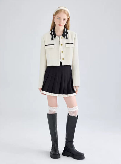 Women's Wool Lace Collar Contrast Color Short Tweed Jacket ウール レース襟 ショート丈 ツイードジャケット