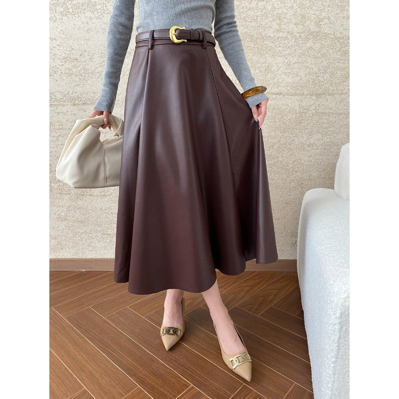 A Line Mi-mollet Midi-length leather skirt with belt  Aライン ベルト付き ミモレ丈 レザー スカート