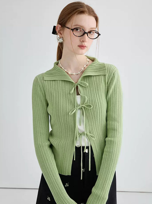 Women's Sweet Style Strap Design Lapel Knit Cardigan リボン付き スプリング セーター