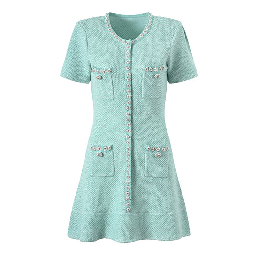 Women Diamonds Decoration Dresses Short Sleeve Mint Green Sequin Knit Mini Dress 女性 ダイヤモンド 装飾ドレス 半袖 ミントグリーン スパンコール ニットミニドレス