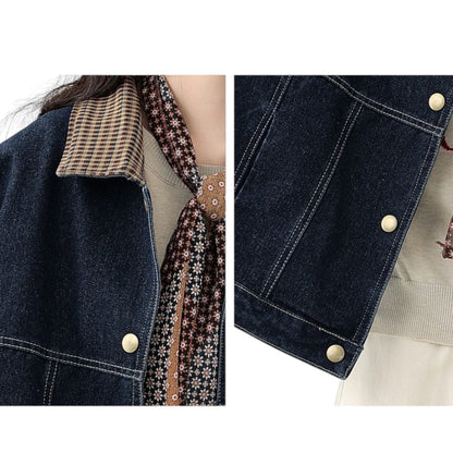 La Chapelle new lapel plaid patchwork denim short jacket ラペルチェック柄パッチワークデニムショートジャケット