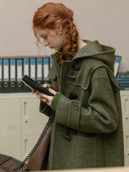 Loose hooded horn button sheep wool green wool coat jacket ルーズ フード付きホーンボタン ウールグリーンウール ダッフル コートジャケット