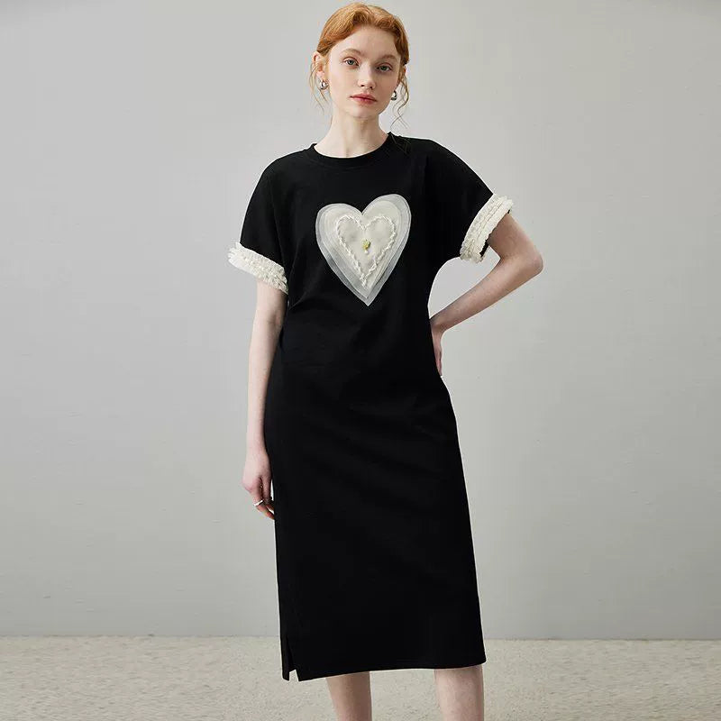 French Style Black Round Neck Ruffles 3D Heart Loose Dressフレンチスタイル ブラックラウンドネック フリル 立体ハート ルーズドレス ワンピース