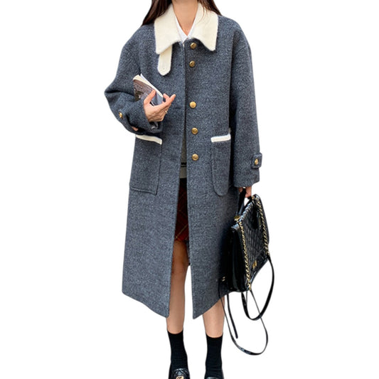 Elegant contrast collar long coat グレー ウールコート