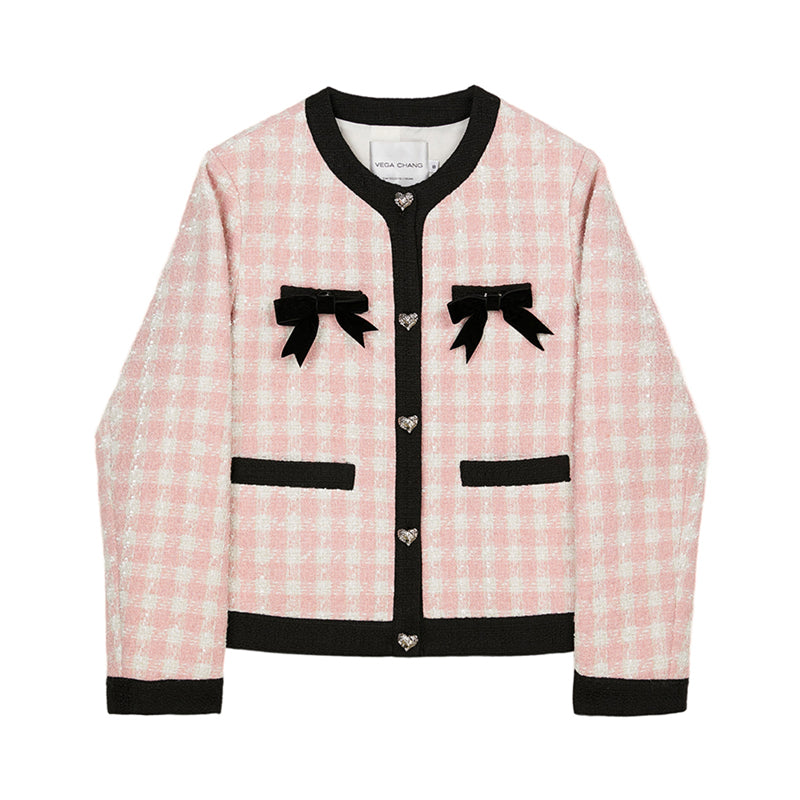 Checkered short jacket チェック柄 ハートボタン ツイードショートジャケット リボン