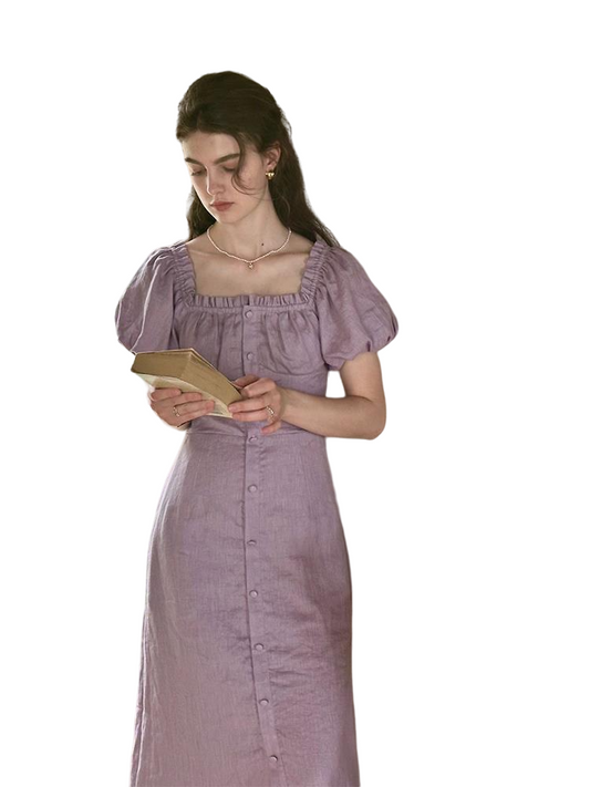 Purple Square Neck Linen Puff Sleeve Long Dress パープル　スクエアネック　リネン　パフスリーブ　ロングドレス