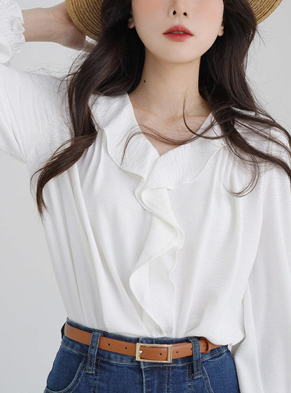 RUFFLE COLLAR V-NECK SHIRT