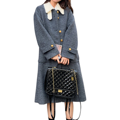 Elegant contrast collar long coat グレー ウールコート