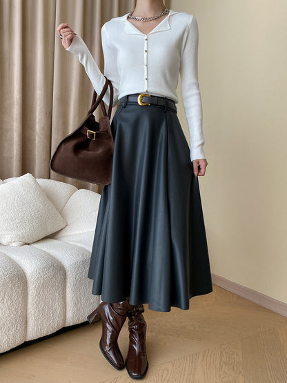 A Line Mi-mollet Midi-length leather skirt with belt  Aライン ベルト付き ミモレ丈 レザー スカート