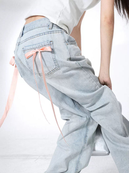 Back pocket ribbon point light blue wide leg denim jeans バック ポケット リボンポイント ライトブルーワイドレッグ デニムジーンズ