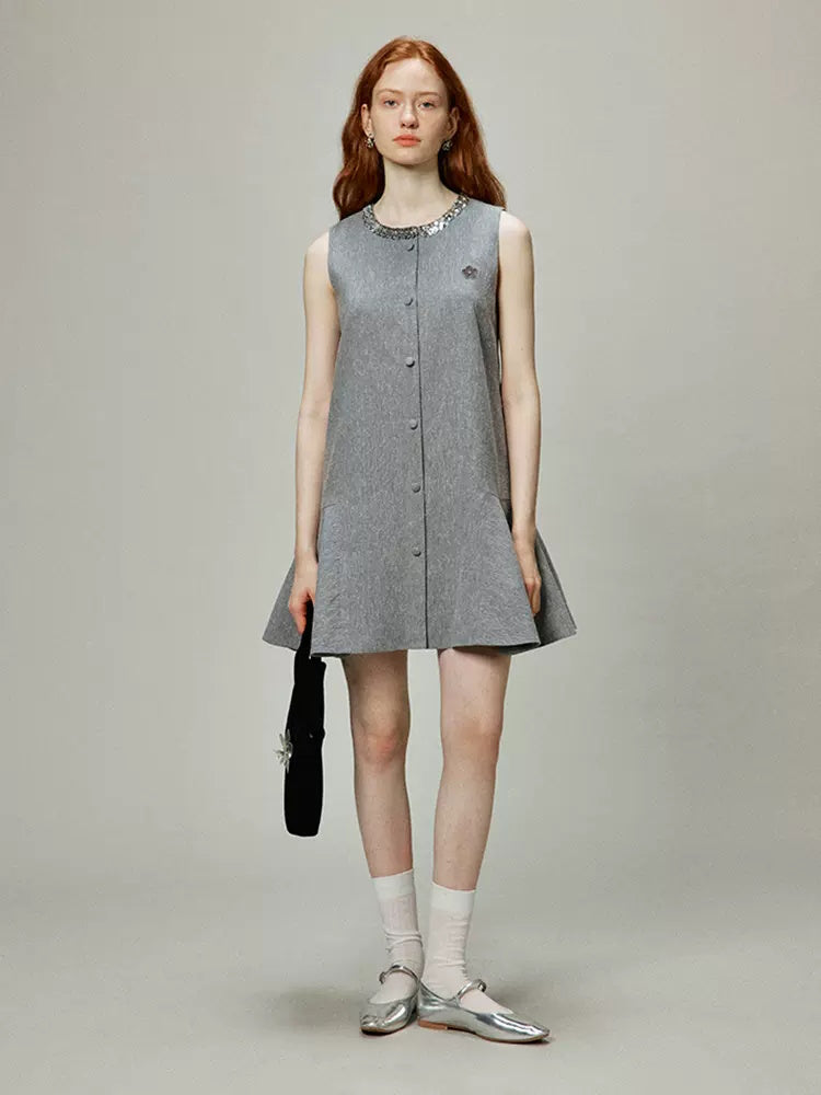 High-end silk linen sequin neck A-line dress  ハイエンド シルクリネンスパンコールネック Aラインドレス