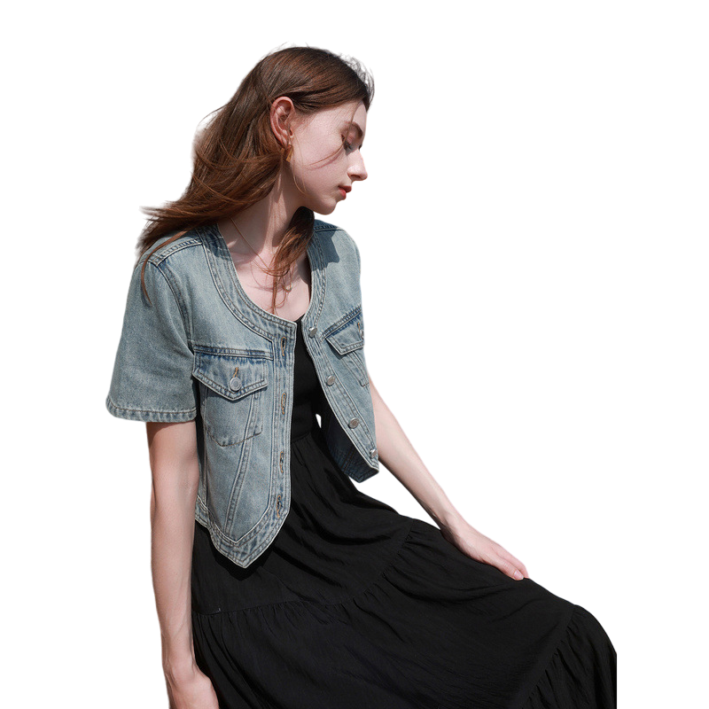 Round Neck Denim Short Sleeve Jacket ラウンドネック　デニム　半袖　ジャケット