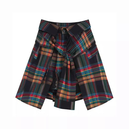 Layered Shirt Design Plaid Skirt Pant チェック柄　腰にシャツを巻いたように見える　スカートのように見えるキュロット　パンツ