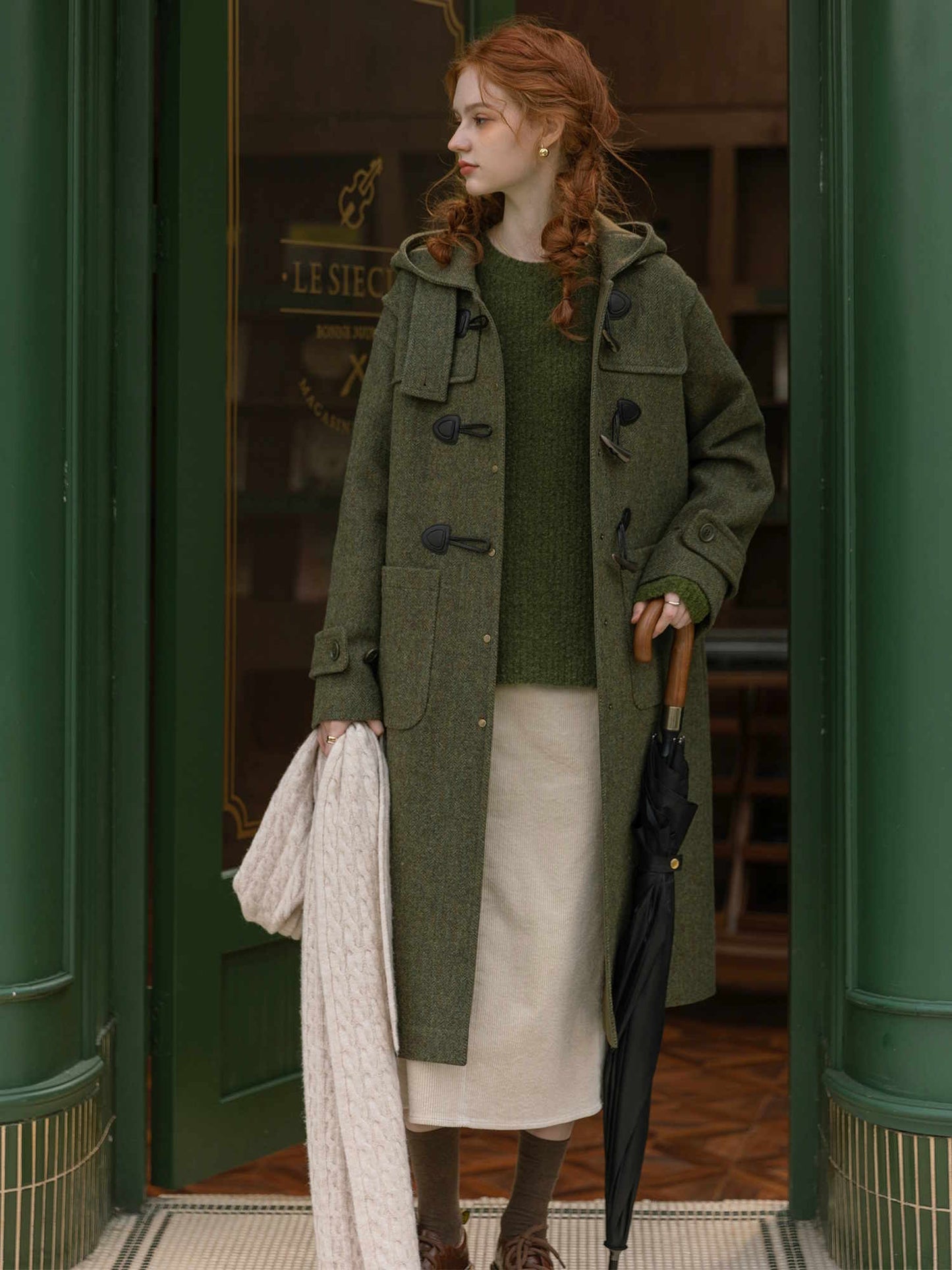 Loose hooded horn button sheep wool green wool coat jacket ルーズ フード付きホーンボタン ウールグリーンウール ダッフル コートジャケット