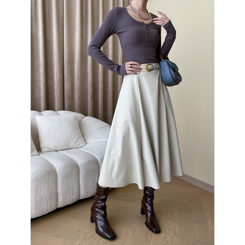 A Line Mi-mollet Midi-length leather skirt with belt  Aライン ベルト付き ミモレ丈 レザー スカート