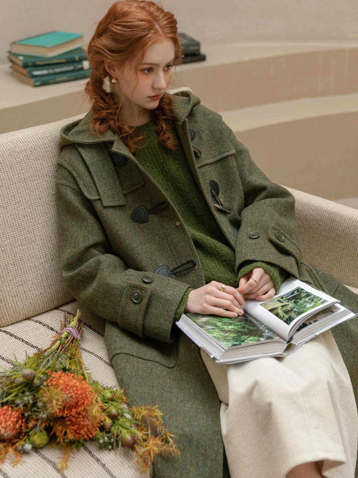 Loose hooded horn button sheep wool green wool coat jacket ルーズ フード付きホーンボタン ウールグリーンウール ダッフル コートジャケット