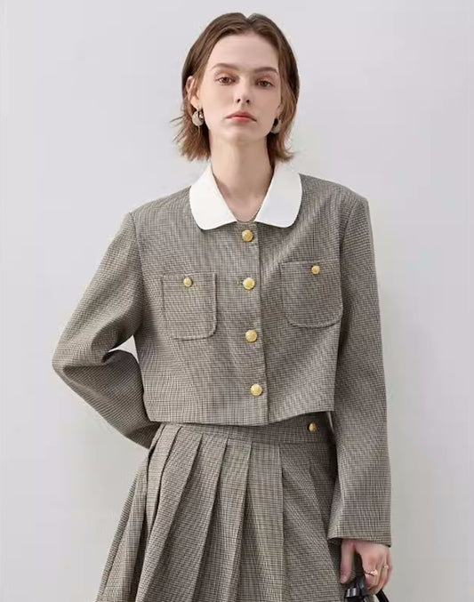 TWO-PIECE JACKET PLEATED SKIRT ツーピース ツイード グレンチェック ジャケット スカート 上下セットアップ