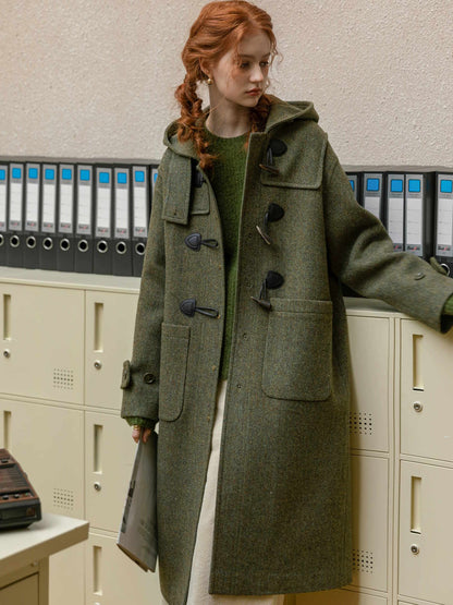 Loose hooded horn button sheep wool green wool coat jacket ルーズ フード付きホーンボタン ウールグリーンウール ダッフル コートジャケット