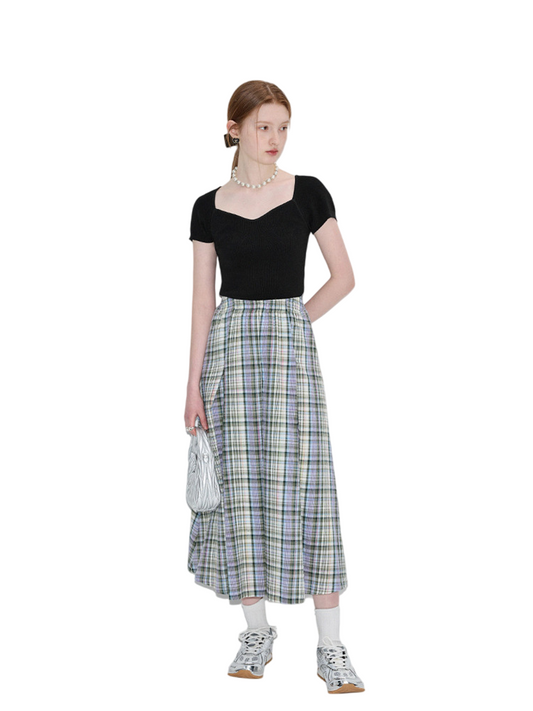 Color Block Plaid long Skirt