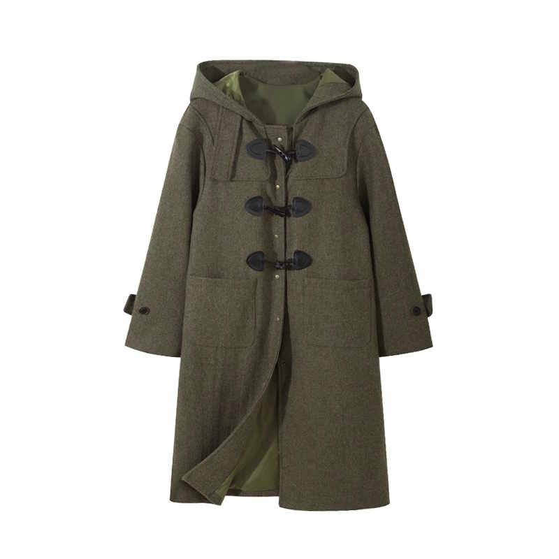 Loose hooded horn button sheep wool green wool coat jacket ルーズ フード付きホーンボタン ウールグリーンウール ダッフル コートジャケット