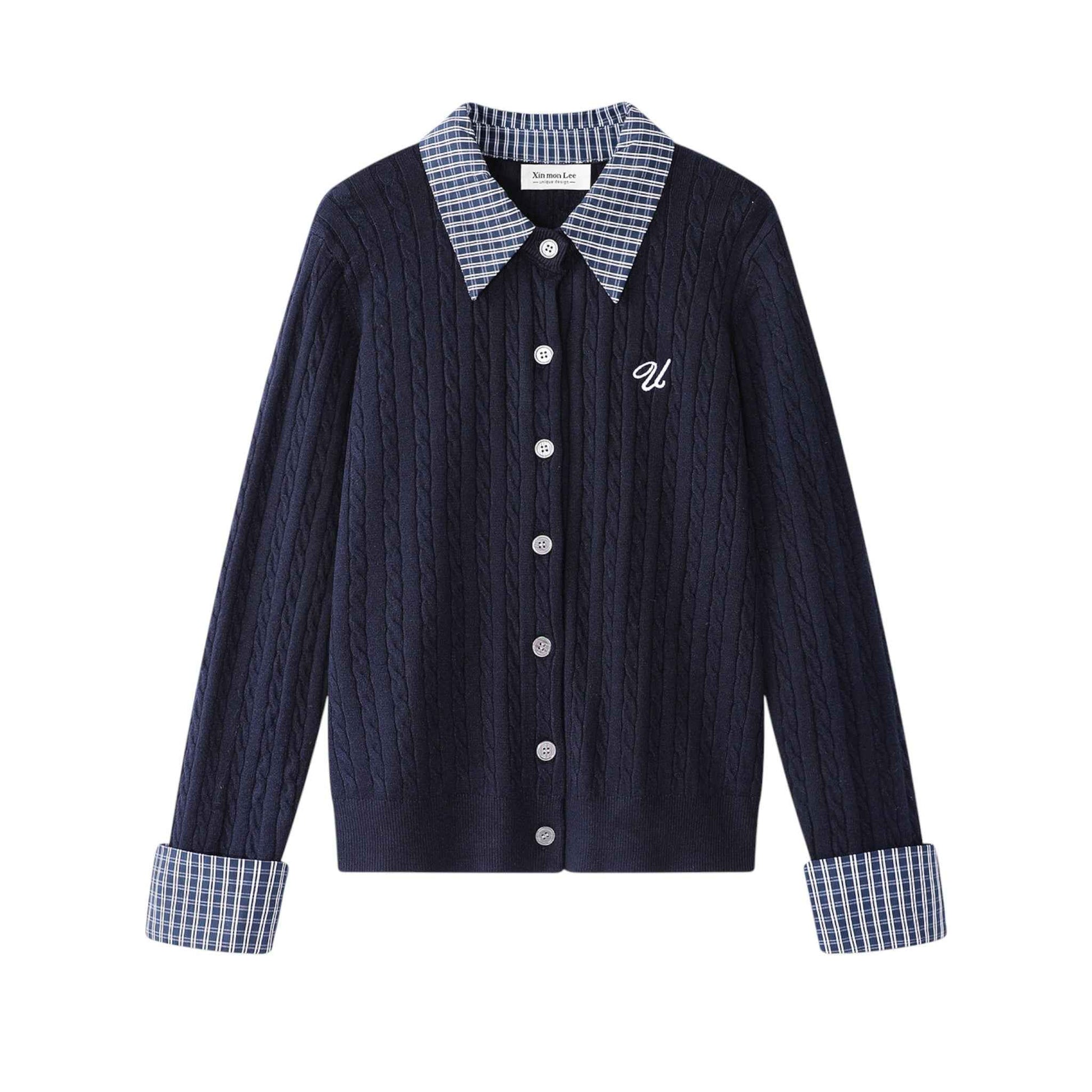 Classic Academia | チェック襟 レイヤード ニットカーディガン