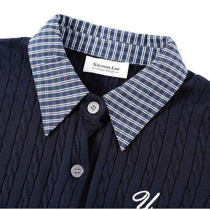 Classic Academia | チェック襟 レイヤード ニットカーディガン