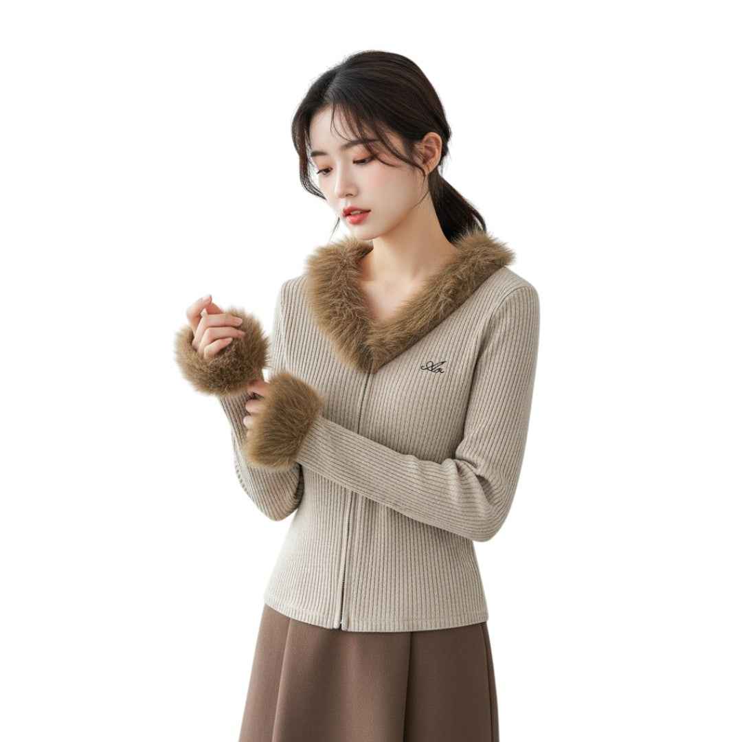 "High-End V-Neck Zip Cardigan" フリンジ Vネック ジップニット