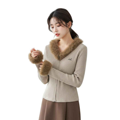 "High-End V-Neck Zip Cardigan" フリンジ Vネック ジップニット