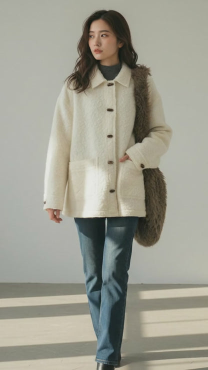 Vintage Wool Toggle Coat 正面全身ショット。上品なロング丈と美しいAラインシルエット。