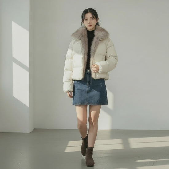 Fano 贅沢パフダウンジャケット 正面全身：洗練された拼色デザインと美しいシルエット