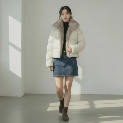 Fano 贅沢パフダウンジャケット 正面全身：洗練された拼色デザインと美しいシルエット