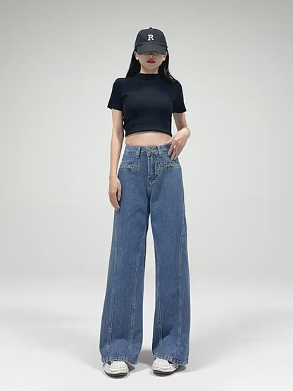 バックリボンワイドデニムを着用したモデルの全身正面ショット。ハイウエストとストレートシルエットがわかる動画。