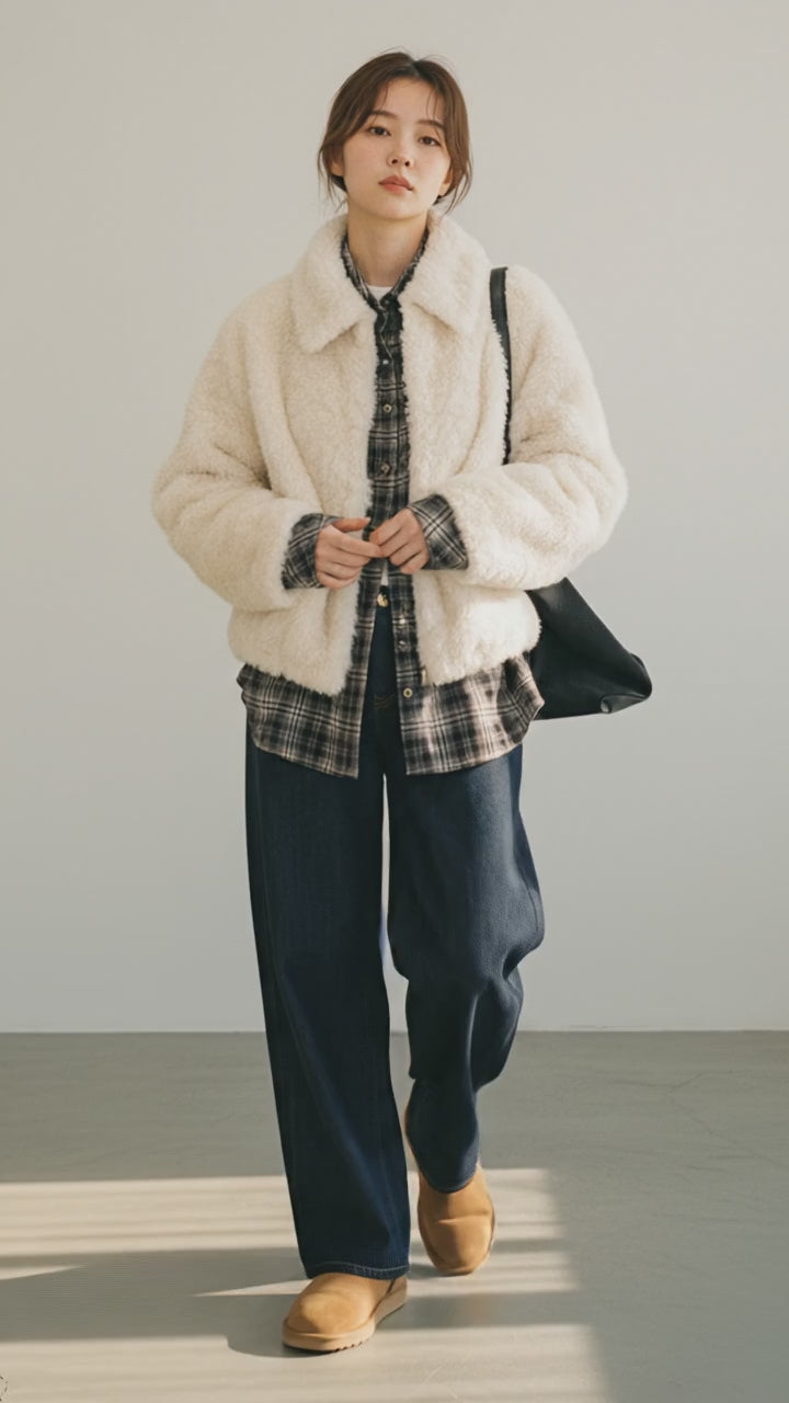 Cloud Eco Fur Coat - 正面全身。2025年冬トレンドのルーズなシルエットが際立つスタイリング。