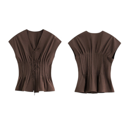 2025 Summer V-Neck Bow Tie Blouse Coffee Brown Office Shirt コーヒーカラー 通勤 シャツ